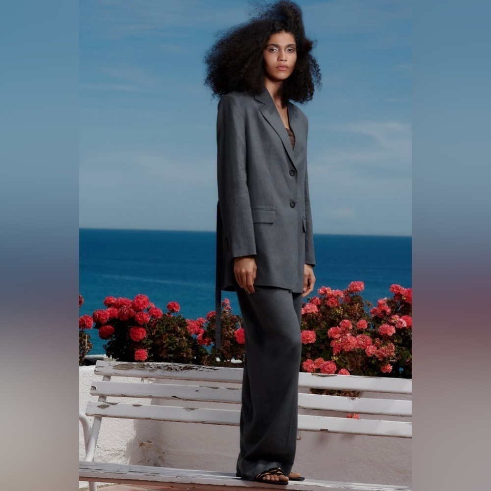 ZARA New Gray Linen Blend Belted Lapel Collar Long Sleeves Blazer Size S 2753129 - Picture 3 of 17